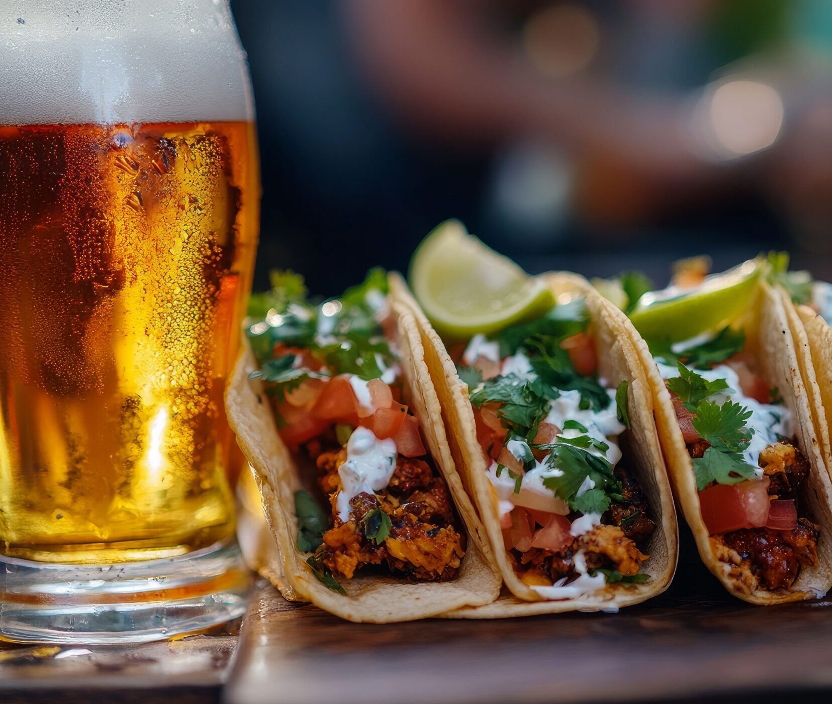 three tacos and a glass of beer on a table